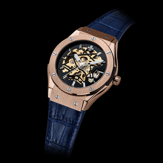 Prague Skeleton Automatic Deluxe - Rose Gold + Blue Leather Strap