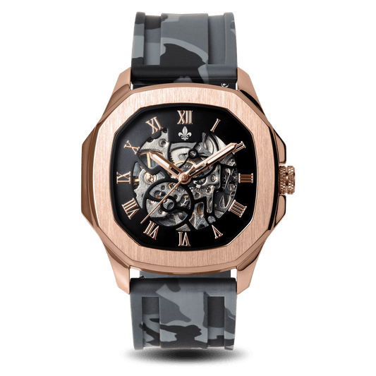 The Avalon Rose Gold + Grey Camo Strap