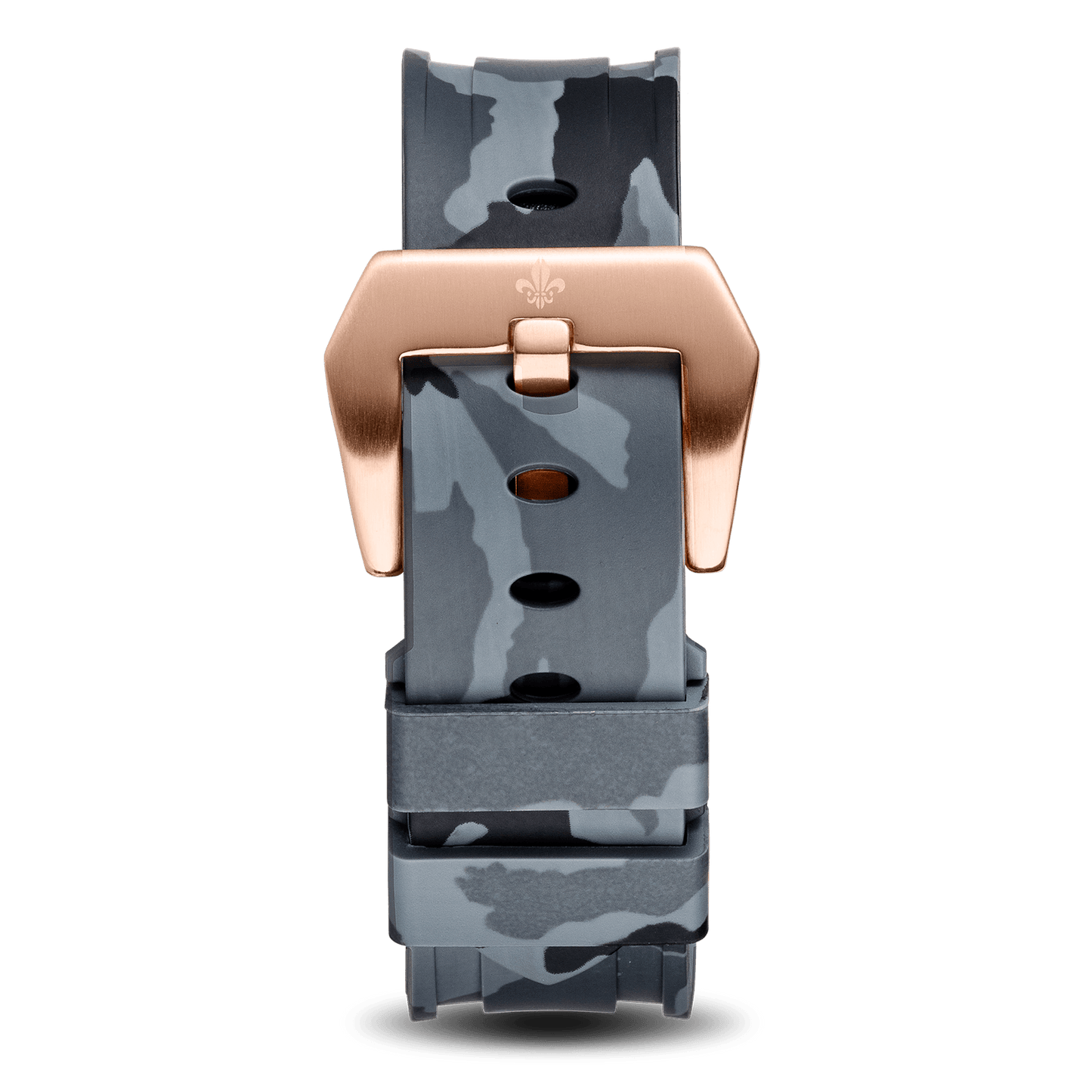 The Avalon Rose Gold + Grey Camo Strap