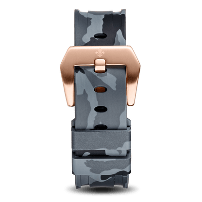 The Avalon Rose Gold + Grey Camo Strap