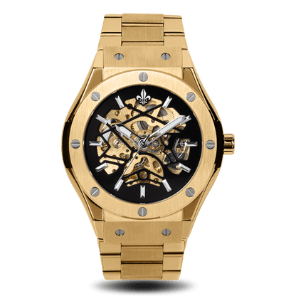 Prague Skeleton Automatic Deluxe - Gold + Gold Link Strap