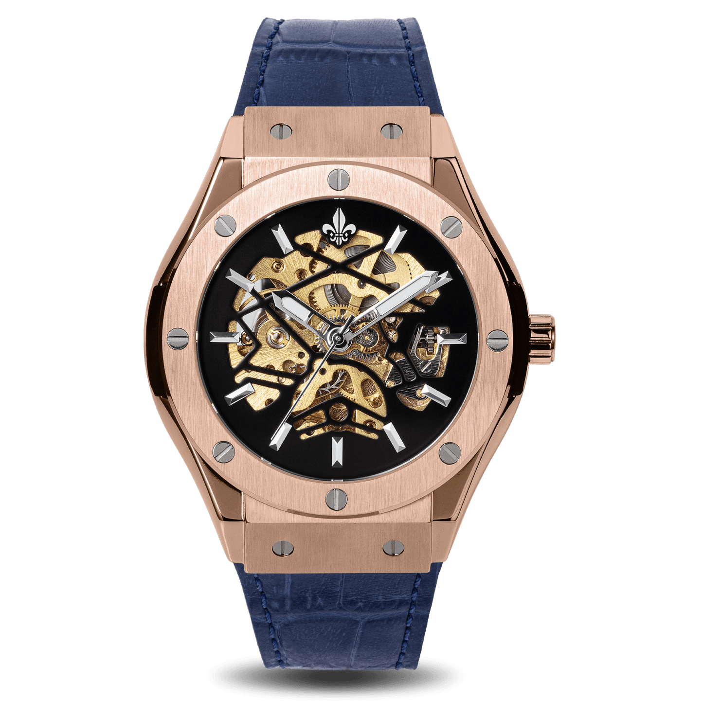 Prague Skeleton Automatic Deluxe - Rose Gold + Blue Leather Strap