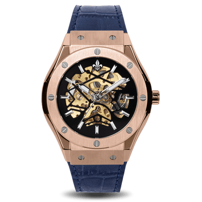 Prague Skeleton Automatic Deluxe - Rose Gold + Blue Leather Strap