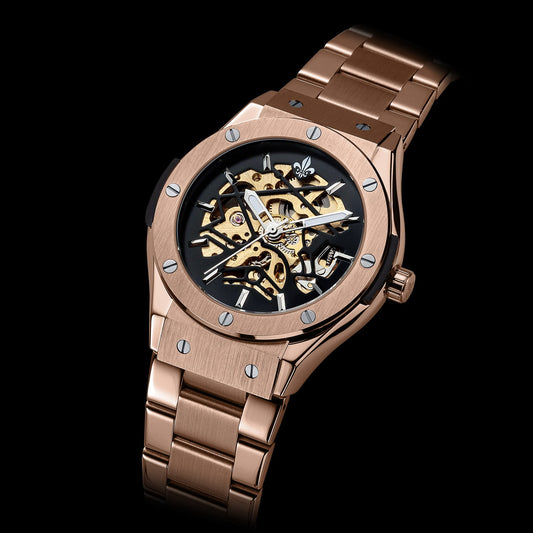 Prague Skeleton Automatic Deluxe - Rose Gold + Rose Gold Link Strap