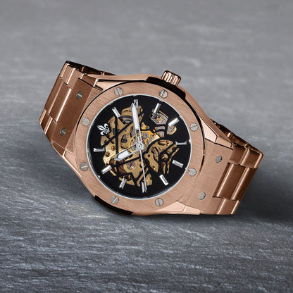 Prague Skeleton Automatic Deluxe - Rose Gold + Rose Gold Link Strap