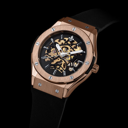 Prague Skeleton Automatic Deluxe - Rose Gold + Blue Leather Strap