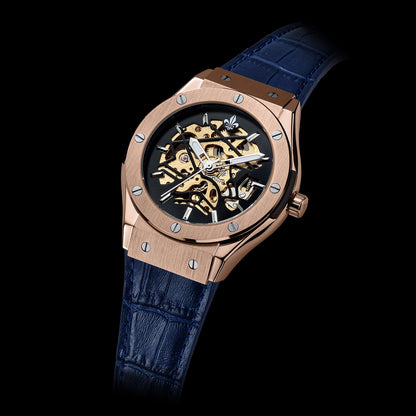 Prague Skeleton Automatic Deluxe - Rose Gold + Blue Leather Strap